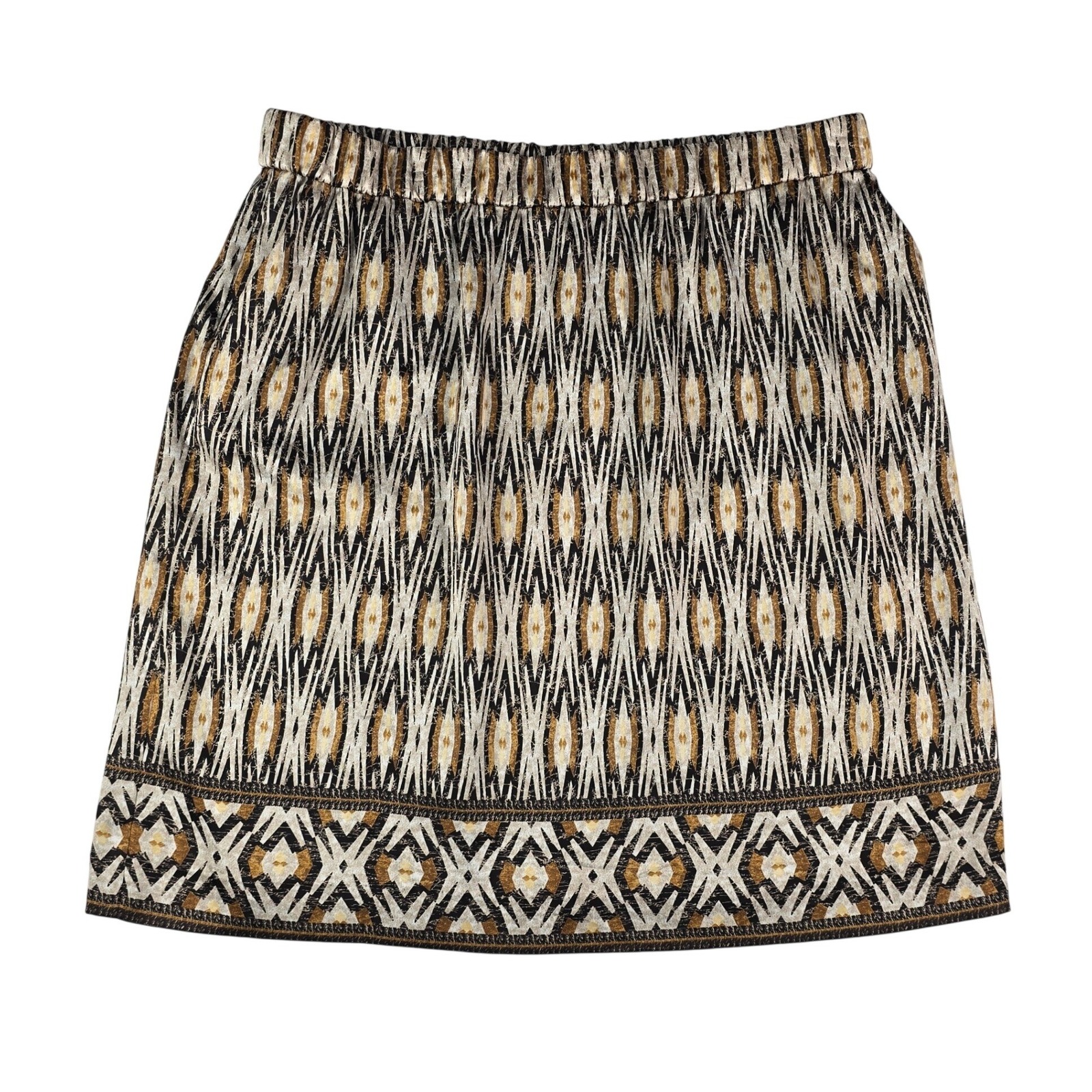 Chico's Diamond Ikat Print Mini Skirt Women Sz 2 L(12) Brown Tan Elastic Waist